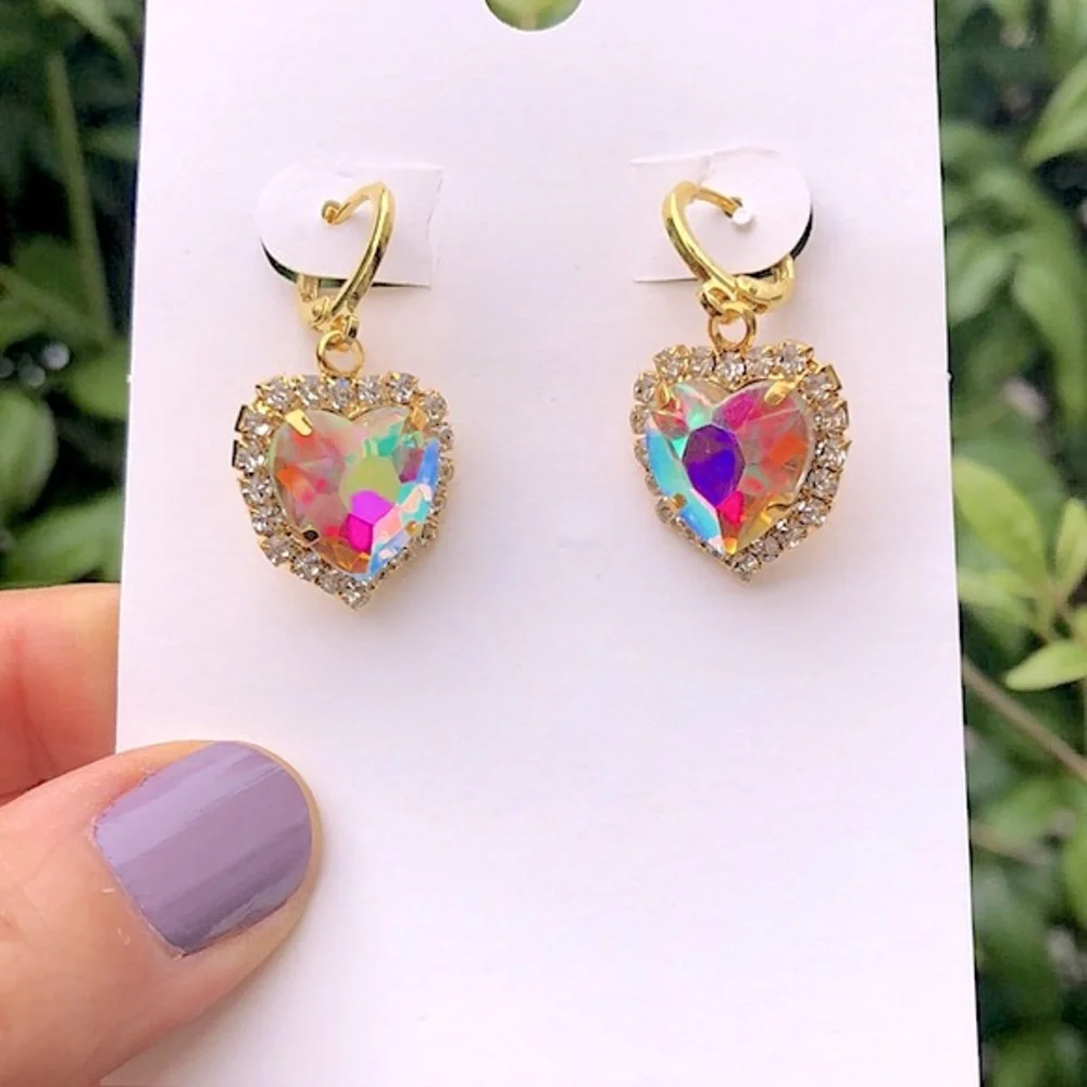 Aurora Borealis Heart Crystal Halo Drop Earrings